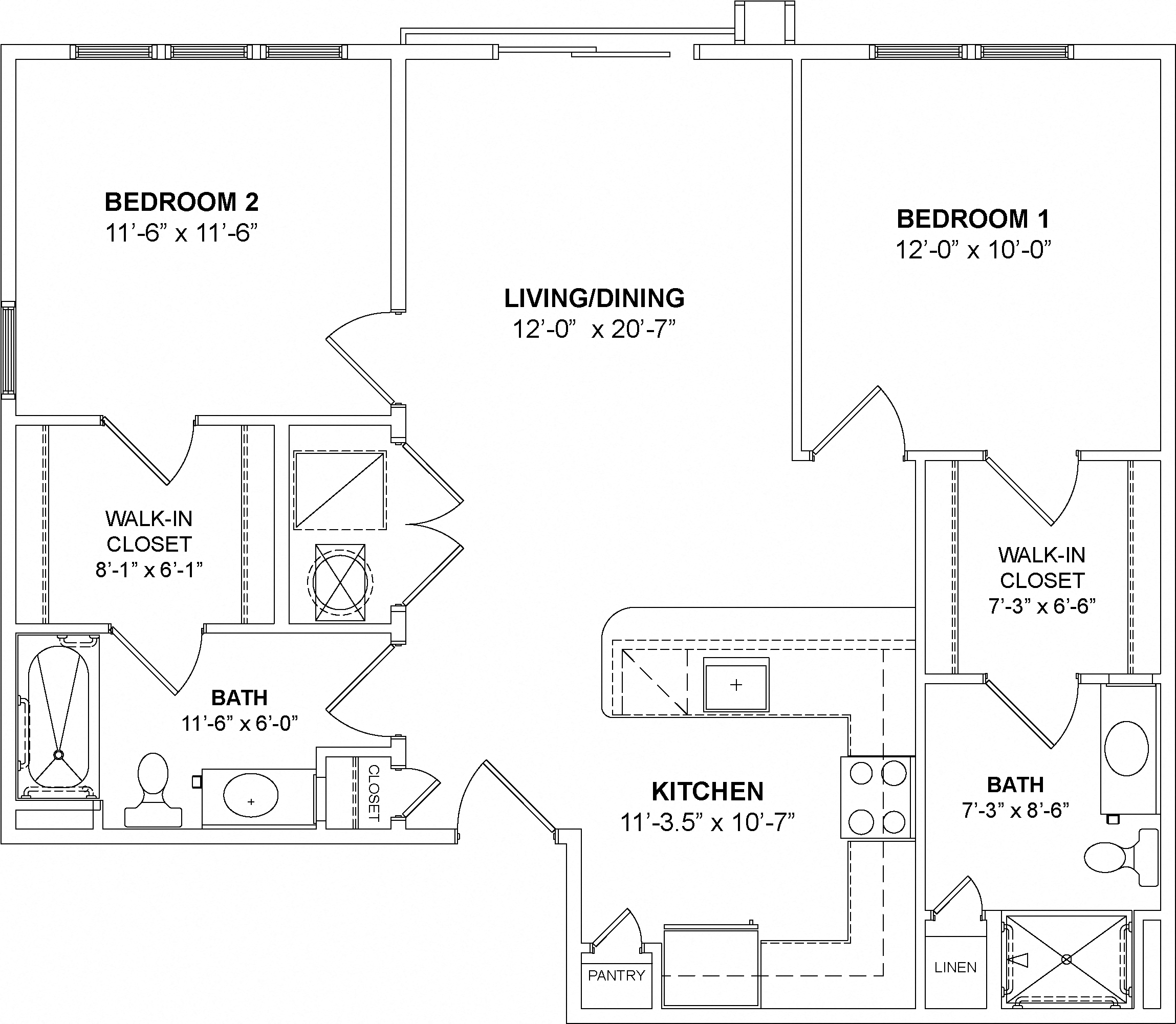 Floor plan for 2 beds, 2 baths, 987 sqft